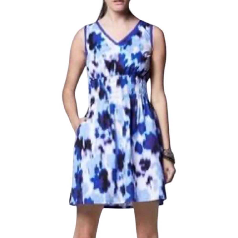 Simply Vera Vera Wang Womens PL Blue Abstract Smocked Waist V-Neck Dress pockets